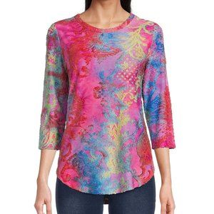 Calessa Women Blouse Abstract Tie Dye Burnout 3/4 Sleeve Jewel Knit Top NWT